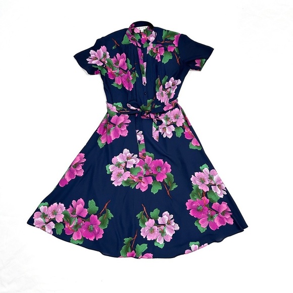 NWOT Nanette Nanette Lepore Navy Blue Button Down Belted Floral Dress - Picture 1 of 8